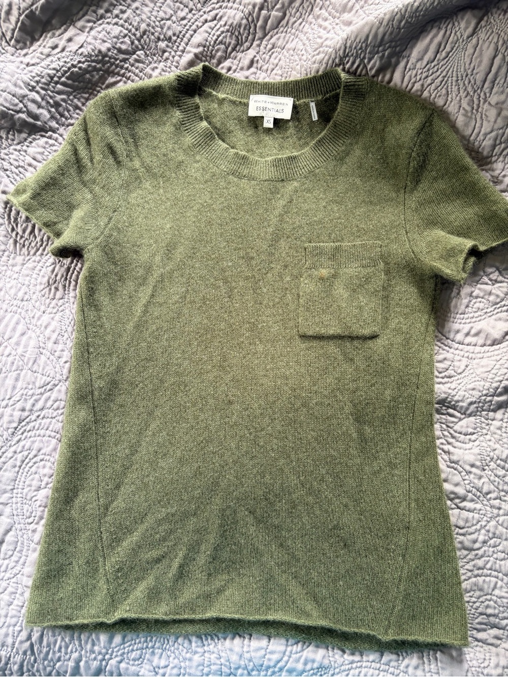 White + Warren Olive Green Short-Sleeve Crewneck Sweater